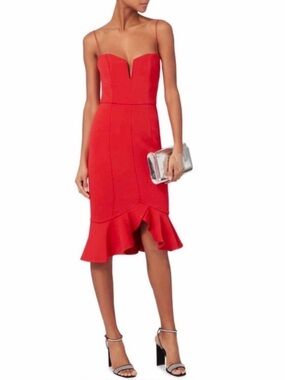 NWT NICHOLAS Red Flip Hem Bra Dress Sexy Bodycon Ruffle Midi Date Night Sz 6
